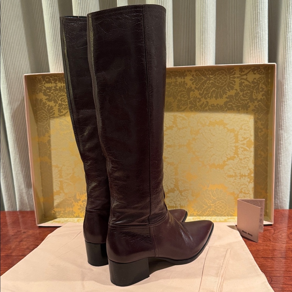 MIU MIU VITELLO SHINE BROWN TALL LEATHER BOOTS SIZE EU 37.5